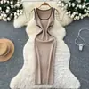 Vestido Largo de Punto de Manga Larga con Bloques de Color de Alta Gama Inspirado en Chanel para Mujer con Hebilla Metálica Ceñidor de Cintura Ajustado