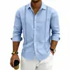 Camisa Masculina de Linho Respirável Amazon para Primavera e Outono com Design Vintage de Recorte Lateral, Gola Reversível, Manga Longa, Top Casual