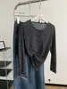 Camiseta de Manga Larga Rayada Fina de Tencel para Mujer, Otoño 2026, Caída, Casual, Adelgazante, Versátil, Cuello Redondo Abotonado, Camiseta Básica
