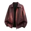 Chaqueta de vuelo roja de estilo americano de moda, abrigo de cuero para hombre, elegante y genial, con cuello de solapa