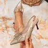 Sandalias de Lazo de Perla Color Dorado Champagne 2026 para Mujer, Punta Fina, Tira Trasera Brillante, Tacones de Aguja Altos para Fiesta de Boda