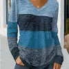 2026 Nueva Camiseta de Manga Larga con Cuello en V para Mujer, Estilo Europeo y Americano, Estampado de Bloques de Color, Camiseta Base Holgada, Top Casual de Primavera y Otoño