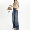 Jeans Cinza Cimento Wide Leg Feminino 2024 Novo Outono e Inverno Calças com Forro de Lã Edição Estreita para Figura Pera Calças Retas