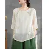 Camisa de linho bordada de manga três quartos para mulheres, uso diário de verão, Hanfu modificado, vestido de chá vintage abotoado, blusa elegante