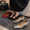 Sapatos Mary Jane Confortáveis de Couro Patente com Salto Cuña Duplo e Fechamento Cruzado, Bico Quadrado, Salto Médio, Camada Única, para Mulheres, Coleção Primavera 2025