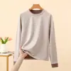 Camiseta de Capa Base de Manga Larga con Cuello Redondo y Borde Rayado de Terry Francés para Otoño e Invierno, Nuevo Estilo para Mujer, Gruesa con Terciopelo Interior, Top Holgado Cálido