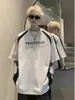 Camiseta de manga curta masculina verão 2025 estilo americano high-street marca de tendência estilo motocicleta costura listrada top solto de meia-manga