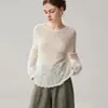 Design crochê vazado! Elegante suéter de cashmere para mulheres, blusa de tricô com gola redonda, suéter fino de lã, estilo ombro a ombro