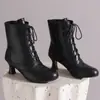 Botas Talla Grande 40-50, Botines Retro Cortos, Nuevo Estilo 2026, Punta Redonda, Tacón Medio, Cierre de Cordones Frontal, Botas de Mujer Transfronterizas de Exportación