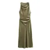Comercio Exterior Estilo Europeo y Americano Otoño Nuevo Vestido Midi Elegante para Mujer Sin Mangas Textura de Satén de Seda