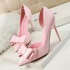 3168-2 Estilo Coreano Modernos y Elegantes Tacones Altos de Lazo Dulce Tacones de Aguja Boca Baja Punta Fina Zapatos con Corte Lateral