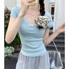 Camiseta Estilo Ballet Desejo Puro com Renda Delicada para Mulheres 2026 Verão Nova Retro Manga Curta Camisa Base de Algodão Puro Top