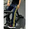 Calça de moletom estilo americano com três listras para homens, marca da moda para primavera e outono, calça comprida com estampa personalizada, calça esportiva casual solta versátil e fashion