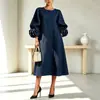 Vestido de Mujer de Longitud Media con Cuello Redondo, Botones, Color Sólido, Patchwork, Mangas de Linterna con Forma de Pétalo, Nuevo para Primavera y Otoño 2026, Transfronterizo Europeo y Americano