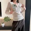 Otoño/Invierno Lana Pura Falso Dos Piezas Camisa Base de Lana para Mujer Ribete en Contraste Cuello Redondo Canalé Vertical Corte Ajustado Manga Larga Tejido de Punto