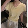 Cor Sólida Solta Emagrecimento Estilo Preguiçoso Ombro Manga Curta Camiseta Feminina Manga Morcego Simples Casual Base V-neck Top