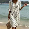 2026 Nuevo Vestido Largo Rayado de Cuello en V con Volantes y Botones Transfronterizo Moda Casual para el Trabajo Falda Larga Estilo Verano para Mujeres