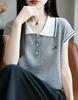 Playera de Solapa Bordada de Manga Corta para Mujer Verano 2025 Nueva Camiseta Básica Color Contrastante Estilo Extranjero Reductor de Edad Top de Punto para Mujer