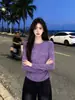 Camiseta de Manga Larga con Cuello Redondo, Tie-Dye Morado Desgastado, Hombro Normal, Corte Ajustado, Fruncida, Estilo Trendy, Individualista, Dulce y Picante, para Mujer, Otoño