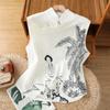 Artístico 2025 Vintage Casual Colete Nivelado com Fivela Colete Feminino Estilo Chinês Sem Mangas Colete Estampado Roupas de Chá