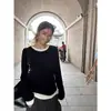 Camiseta de Manga Larga con Diseño de Puntada Delgada en el Hombro, Falsa de Dos Piezas, Camiseta Base para Mujer, Color de Contraste, Top Interior que Reduce la Edad