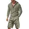 Traje Henry con Capucha de Lino Holgado Casual de Verano para Hombre, Transfronterizo Europeo y Americano, con Pantalones Cortos de Manga Larga, Tendencia de Playa