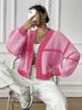 Exportación de Ropa para Mujer Suéter de Punto Cardigan Colorblock Moda Femenina Transfronteriza Otoño e Invierno Europeo y Americano Suéter Personalizado Abrigo Holgado