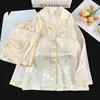 Estilo Chino Estilo Antiguo Bata Acolchada para Mujer Seda de Hielo Elegante Manga Larga Pantalón Largo Primavera Otoño Seda de Hielo Nieve Conjunto de Ropa para el Hogar