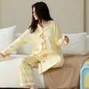 Algodón Puro Pijama de Mujer Otoño Nuevo Estilo Manga Larga Pantalón Largo Cárdigan Solapa Dulce Ropa de Casa Conjunto de Dos Piezas