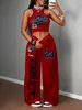 Conjunto de Chaleco con Estampado Hip-Hop Streetwear Deportivo de Amazon para Chica Atractiva Transfronteriza Europea y Americana + Pantalones Casuales de Pierna Ancha