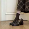 Versión de Piel de Vaca~Mocasines Redondos de Piel Genuina con Camelia para Mujer, Zapatos de Salón Retro de Tacón Alto, Hebilla Dorada, Tacón Grueso, Suela Gruesa, Zapatos Pequeños de Piel