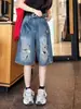 Shorts de mezclilla retro lavados y rotos de estilo callejero americano talla extra para hombres y mujeres, shorts holgados de pierna ancha para verano