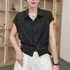 Camisa sem mangas com estampa listrada retrô para mulheres, verão, alta qualidade, caimento solto, gola alta, top de manga curta que afina e valoriza