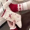 Meias de Lã Vermelhas Quentes de Natal com Laço Listras Desenhos Animados Meia de Cano Médio Ano Novo Ano do Zodíaco Meias Largas
