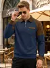 Camisa Polo de Punto Waffle con Cuello y Media Cremallera para Hombre Estación Independiente de Comercio Exterior Talla Grande Bloque de Color Bolsillo de Parche Sudadera Casual