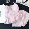 Pijama camisola azul a rayas dulces estilo coreano para mujer, nuevo conjunto de dos piezas para casa de verano con camisola de encaje y shorts
