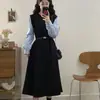 Vestido Midi de Manga Comprida com Patchwork Colorido para Primavera e Outono, Estilo Executivo, Falso Duas Peças, Esconde a Barriga, Emagrecimento, Marcação da Cintura, Corte Evasê