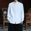 Nova camisa masculina estilo chinês de botão único com gola alta, cor sólida, versátil, modelagem solta, manga longa, adequada para primavera e outono, peça externa casual plus size