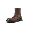 Botas femininas estilo Martin feitas de couro de cavalo de flor integral, com salto médio robusto, acabamento tingido e detalhe de zíper lateral e fivela, perfeitas para outono e inverno