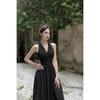 2025 Vestido francés halter de cuello en V sin mangas cruzado para mujer, verano, nuevo estilo, elegante, adelgazante de cintura, falda larga