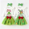 Conjunto Navideño de Tres Piezas para Bebé Romper con Estampado de Árbol de Navidad y Campana Mangas Volantes Suministro Exclusivo Transfronterizo para Bebés Niñas Conjunto Festivo