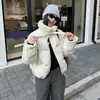 Chaqueta de algodón con cuello alto de imitación de lana de cordero de comercio exterior, chaqueta de motociclista, chaqueta acolchada estilo estudiante, chaqueta acolchada con capucha de bloques de color, ropa de abrigo para parejas