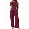 2026 Amazon Europeu e Americano Transfronteiriço Gola Redonda Slim Fit Manga Longa Calça Wide Leg Conjunto Casual Feminino de Duas Peças em Estoque
