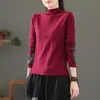 Camiseta de Manga Larga Holgada con Cuello Semi-Alto Artística Versátil Bordada Derong para Mujer, Nuevo Suéter Cálido de Otoño/Invierno
