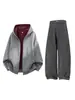 Han Lu Sudadera con Capucha Forrada de Color Block Americano Pesado Textura de Bloque de Color Estructurada Pantalones Casuales de Trabajo Conjunto de Dos Piezas