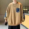 Moletom Jovem Splicing Estampado Gola Redonda Primavera e Outono 2025 Masculino Novo Casual Tamanho Grande Solto Manga Longa Camiseta