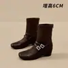 Botas elásticas retrô de bico quadrado, adornadas com strass, para mulheres, com salto plataforma, ajuste justo e uma combinação de couro e tecido, em comprimento de cano médio, estilo Mary Jane, perfeitas para o outono