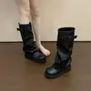 Botas Altas Hasta la Rodilla de Tacón Grueso con Hebilla de Remaches de Moda para Pantorrilla Ancha Mujer 2026 Nuevo Estilo Ajuste Holgado Botas de Tacón Apilado Botas Largas de Motocicleta