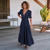 Saia popular transfronteiriça europeia e americana high-end feminina de decote V botão vestido rendado elegante de alta qualidade estilo francês