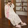 Camisola com Bojos para Mulheres, Pijama de Manga Longa para Primavera e Outono, Alças de Kimono, Doce Nuvem Algodão Meio Comprido Solto